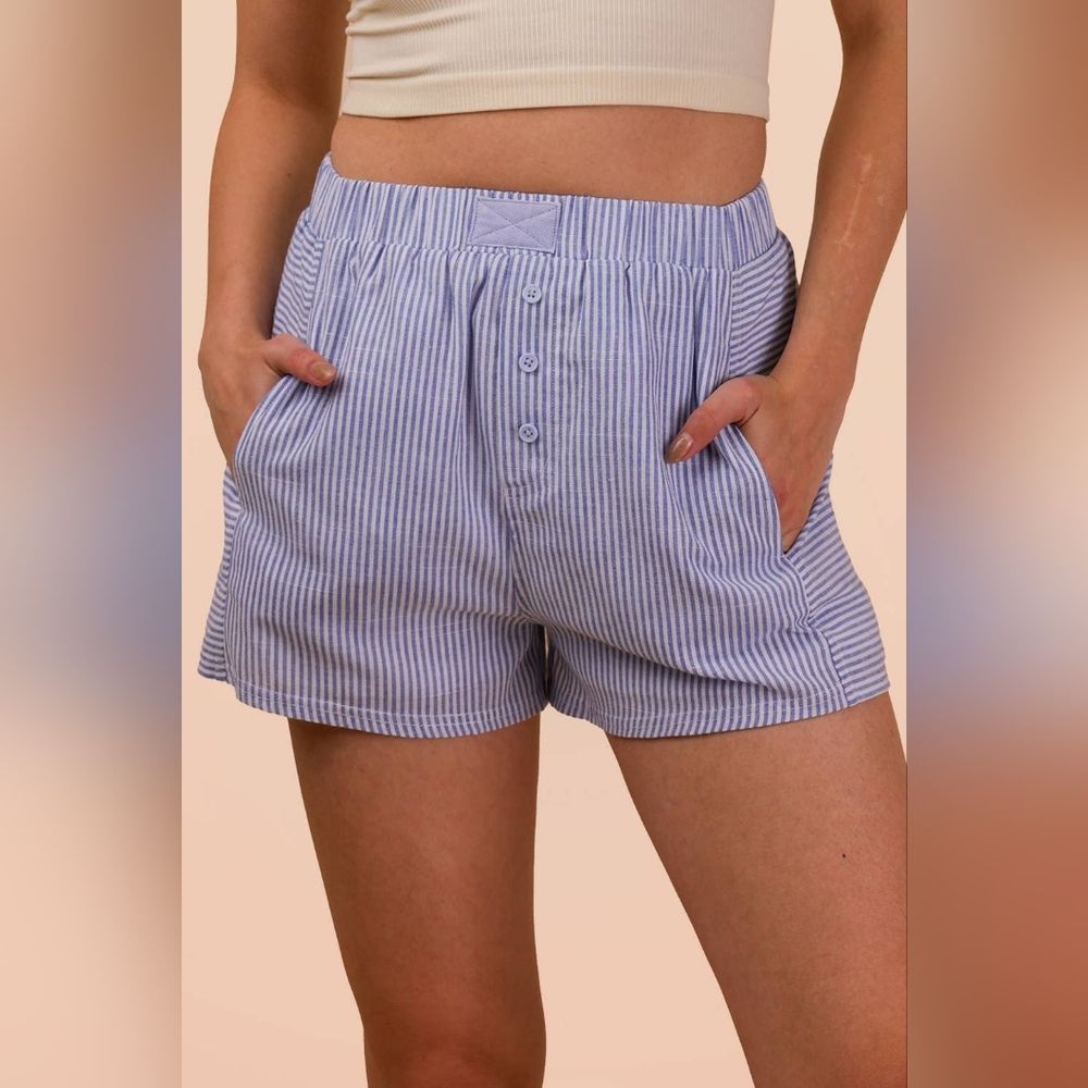 Very J Newim Blue White Striped High Waisted Shorts Fully Lined Pockets Boxer L - Picture 2 of 9
